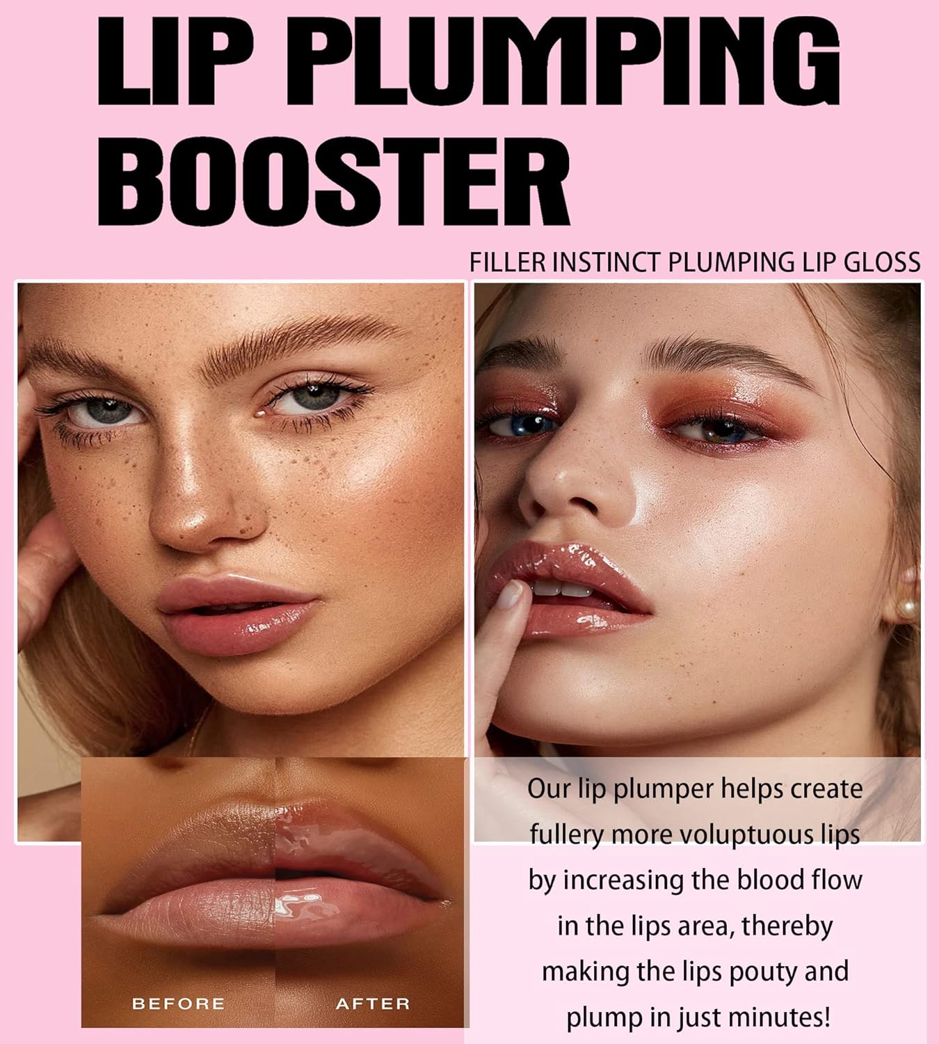 Before and after using Hydrating Lip Plumper Gloss, showing fuller, plumper lips