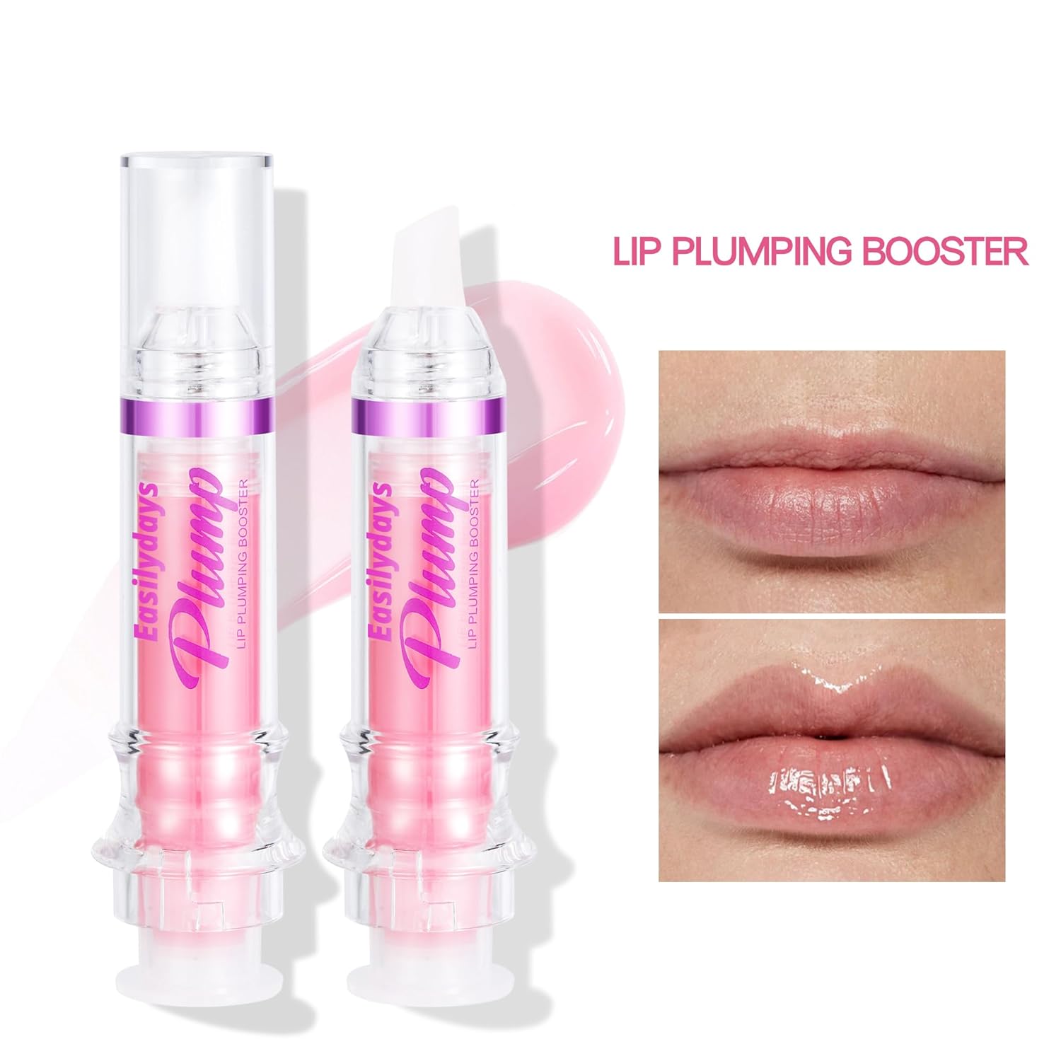 Before and after using Hydrating Lip Plumper Gloss, showing fuller, plumper lips.
