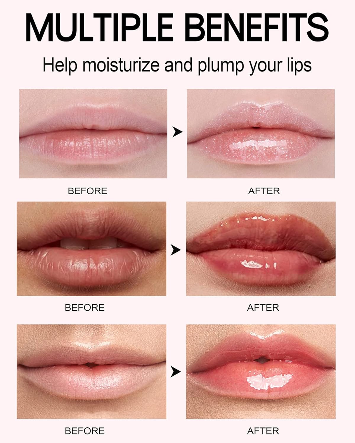 Before and after using Hydrating Lip Plumper Gloss, showing fuller, plumper lips