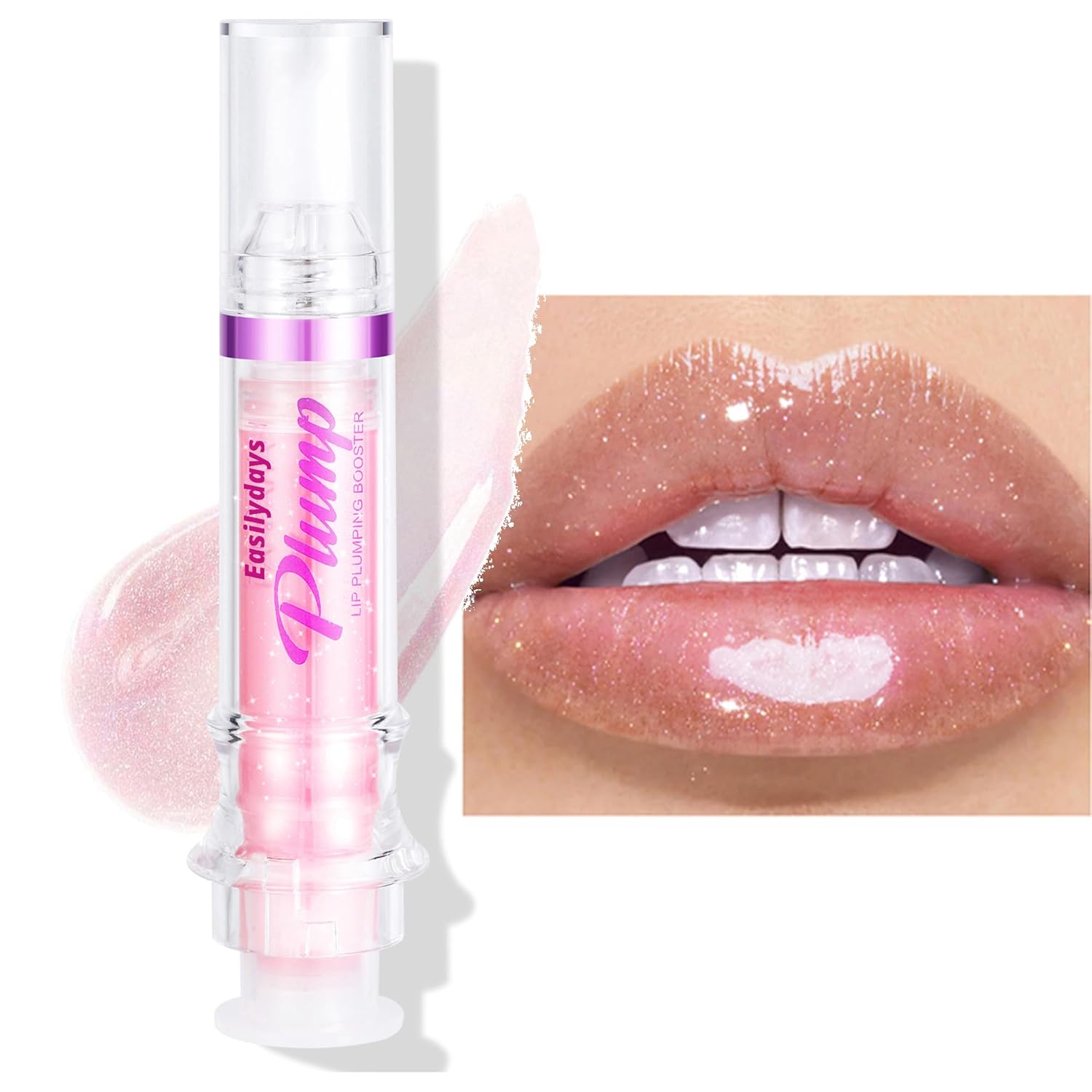 Swatches of Hydrating Lip Plumper Gloss shades on skin, showing all available colors